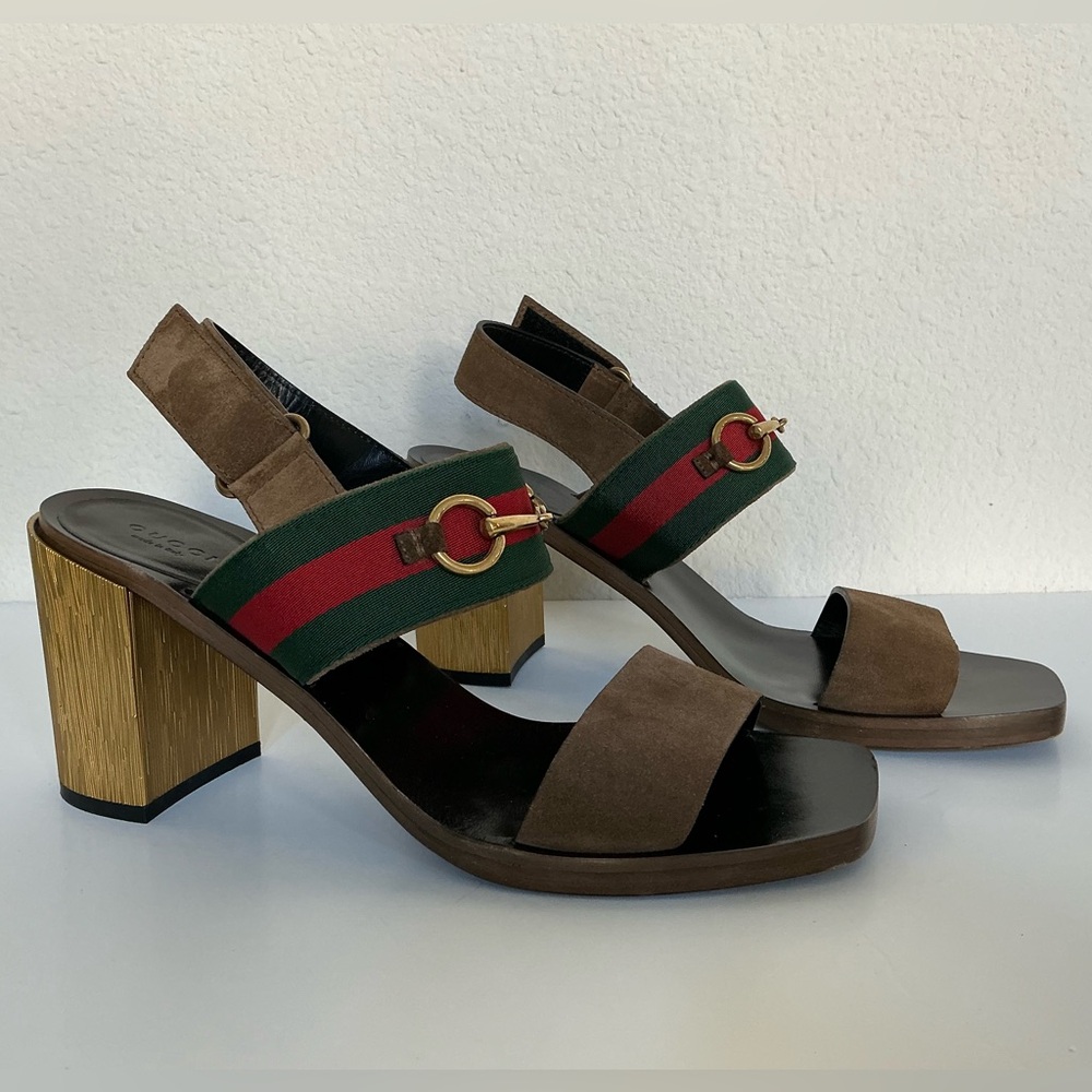 Gucci Quarelle Web Gold Heel Sandal Size 41.5